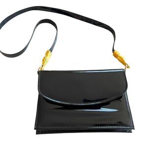 Vintage Sasha Black Patent Leather Gold Crocodile Shoulder Bag